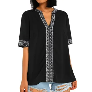 ETHNIC EMBROIDERY STITCHING V-NECK TOPS