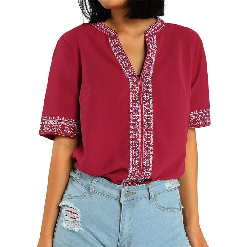 ETHNIC EMBROIDERY STITCHING V-NECK TOPS