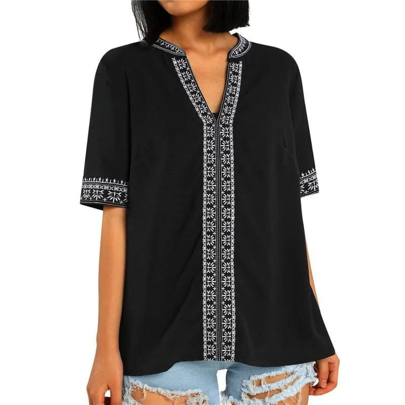 ETHNIC EMBROIDERY STITCHING V-NECK TOPS