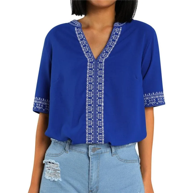 ETHNIC EMBROIDERY STITCHING V-NECK TOPS