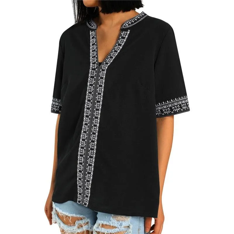 ETHNIC EMBROIDERY STITCHING V-NECK TOPS