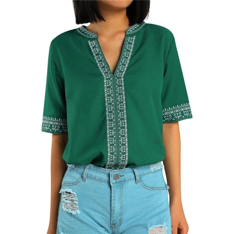 ETHNIC EMBROIDERY STITCHING V-NECK TOPS