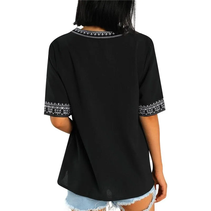 ETHNIC EMBROIDERY STITCHING V-NECK TOPS