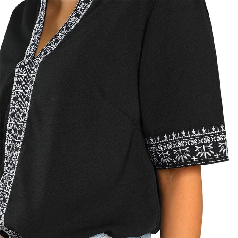 ETHNIC EMBROIDERY STITCHING V-NECK TOPS