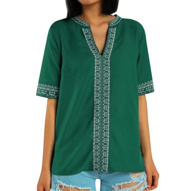 ETHNIC EMBROIDERY STITCHING V-NECK TOPS