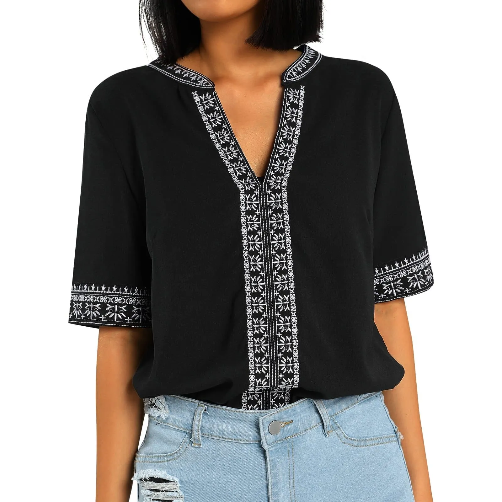 ETHNIC EMBROIDERY STITCHING V-NECK TOPS