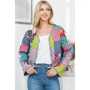 Floral Print Quilted Patch Cotton Jacket