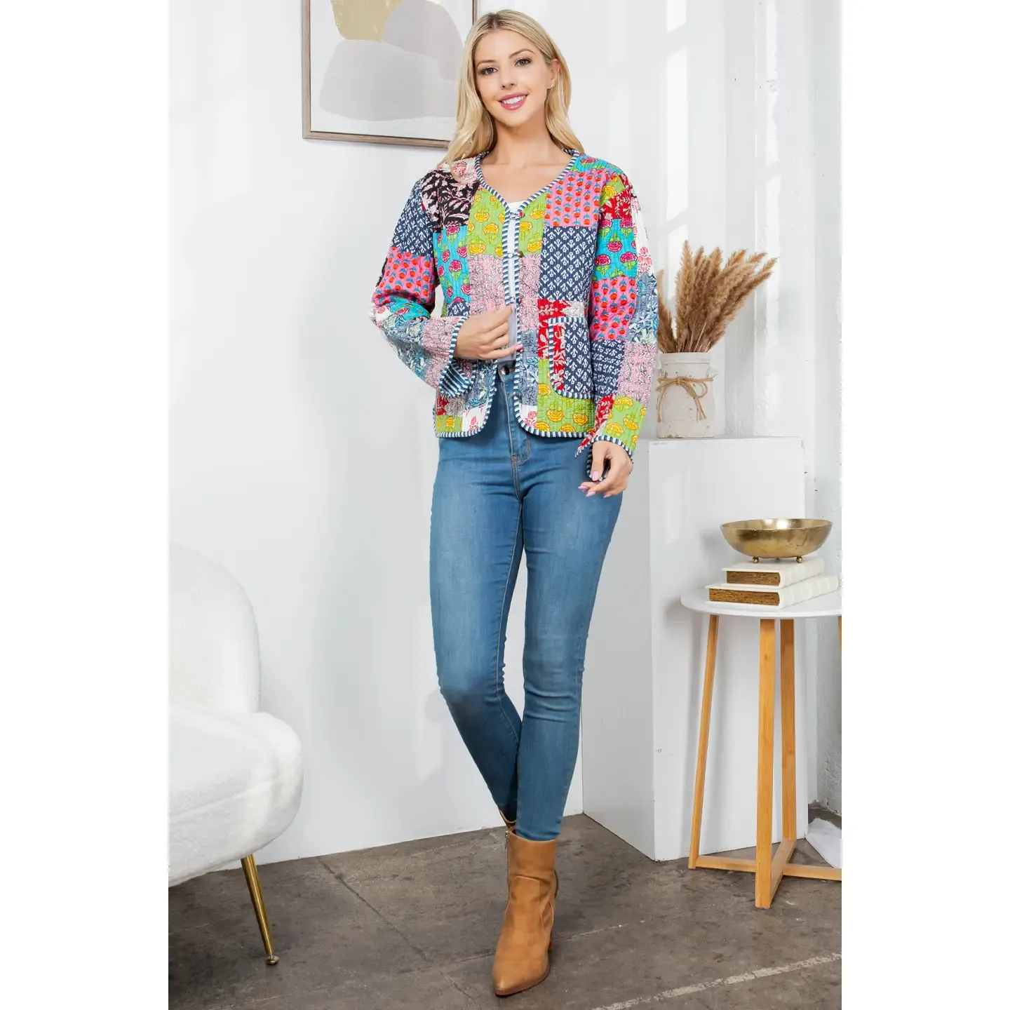 Floral Print Quilted Patch Cotton Jacket