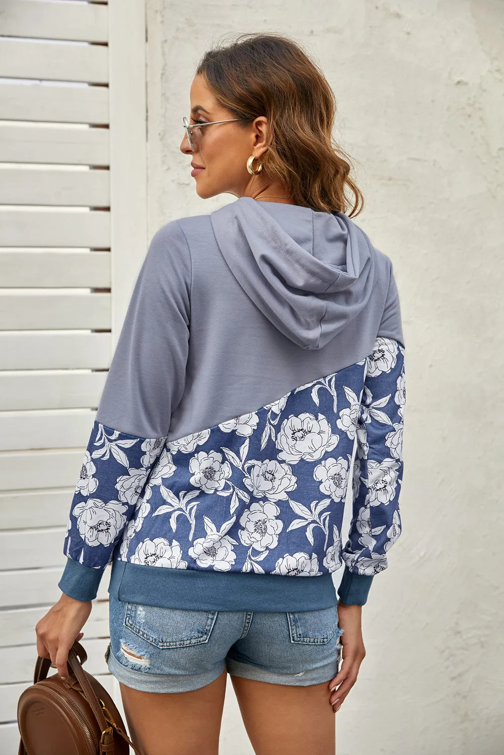 Floral Splicing Cowl Neck Hoodie