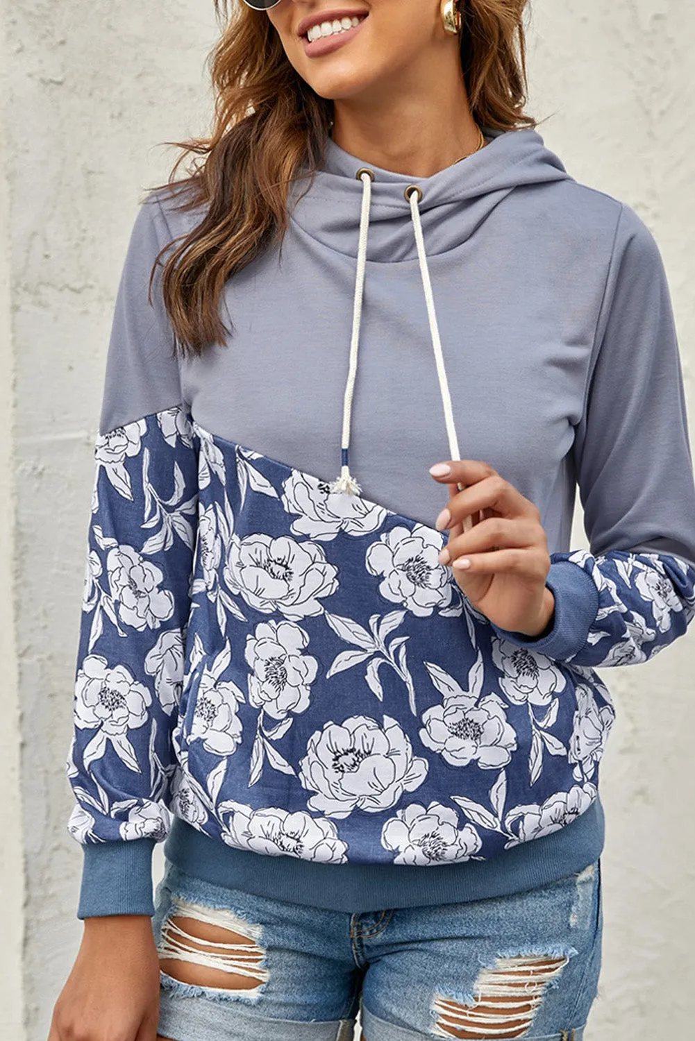 Floral Splicing Cowl Neck Hoodie