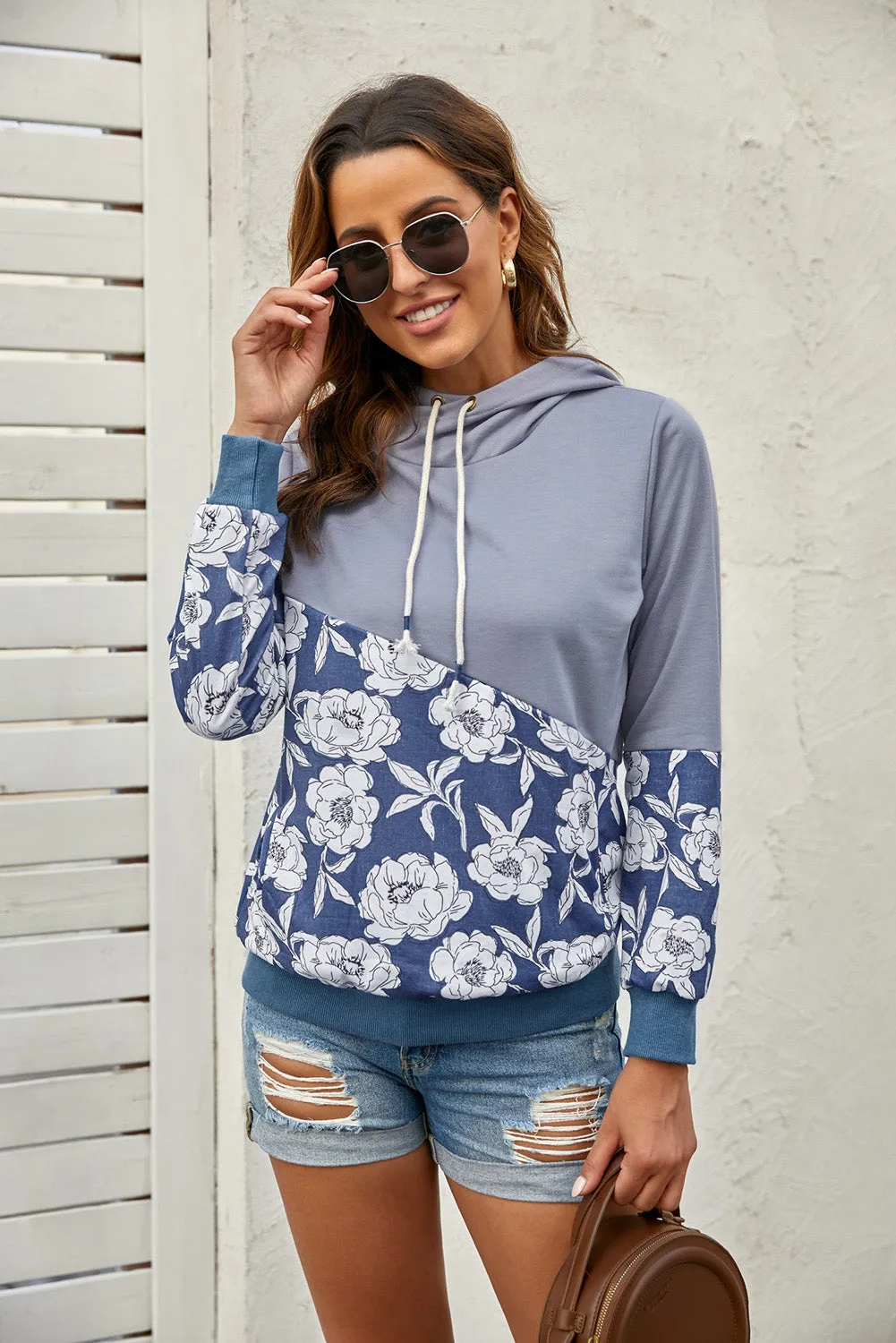 Floral Splicing Cowl Neck Hoodie