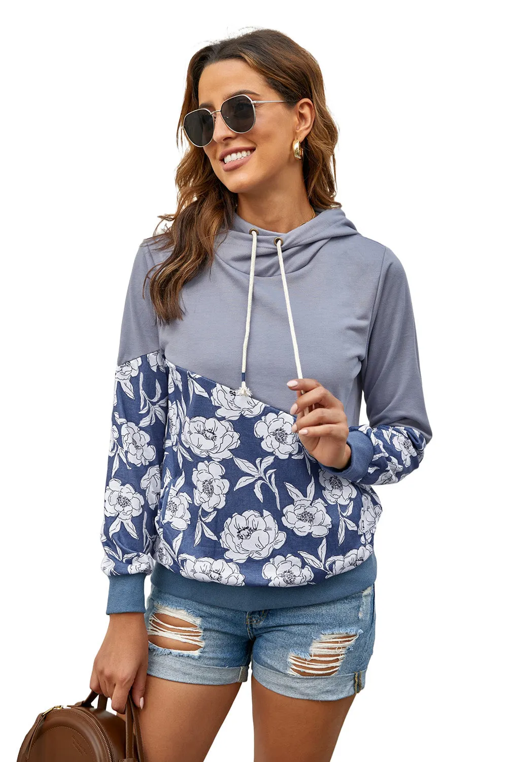 Floral Splicing Cowl Neck Hoodie