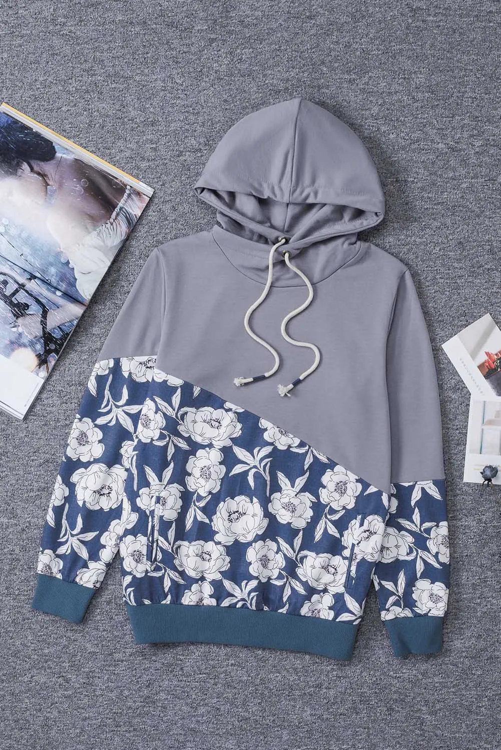 Floral Splicing Cowl Neck Hoodie