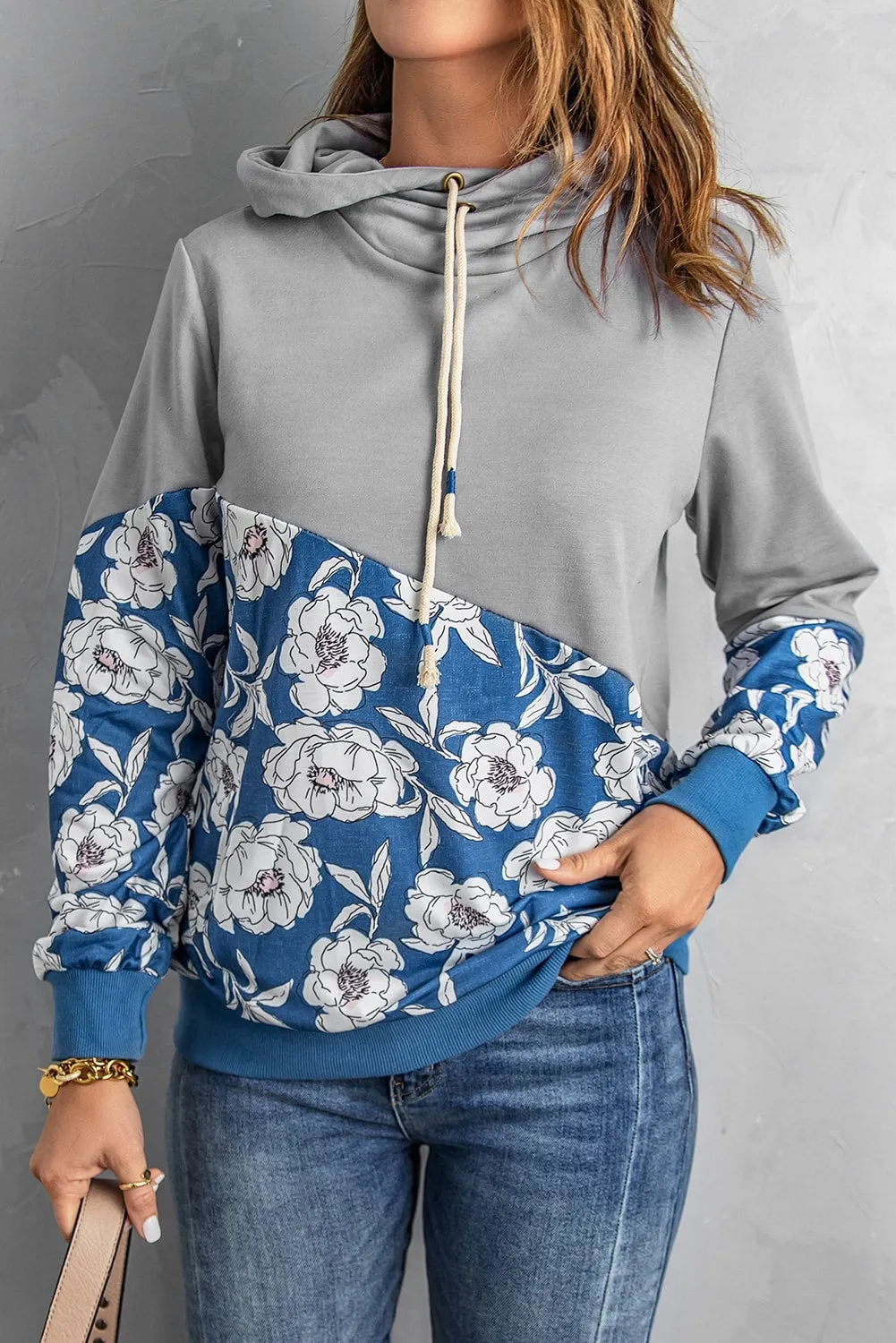 Floral Splicing Cowl Neck Hoodie