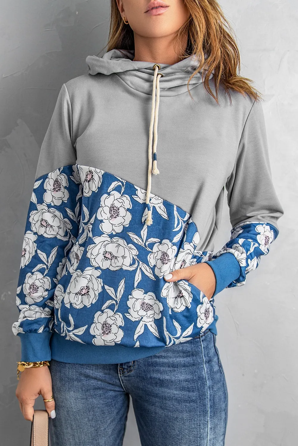 Floral Splicing Cowl Neck Hoodie