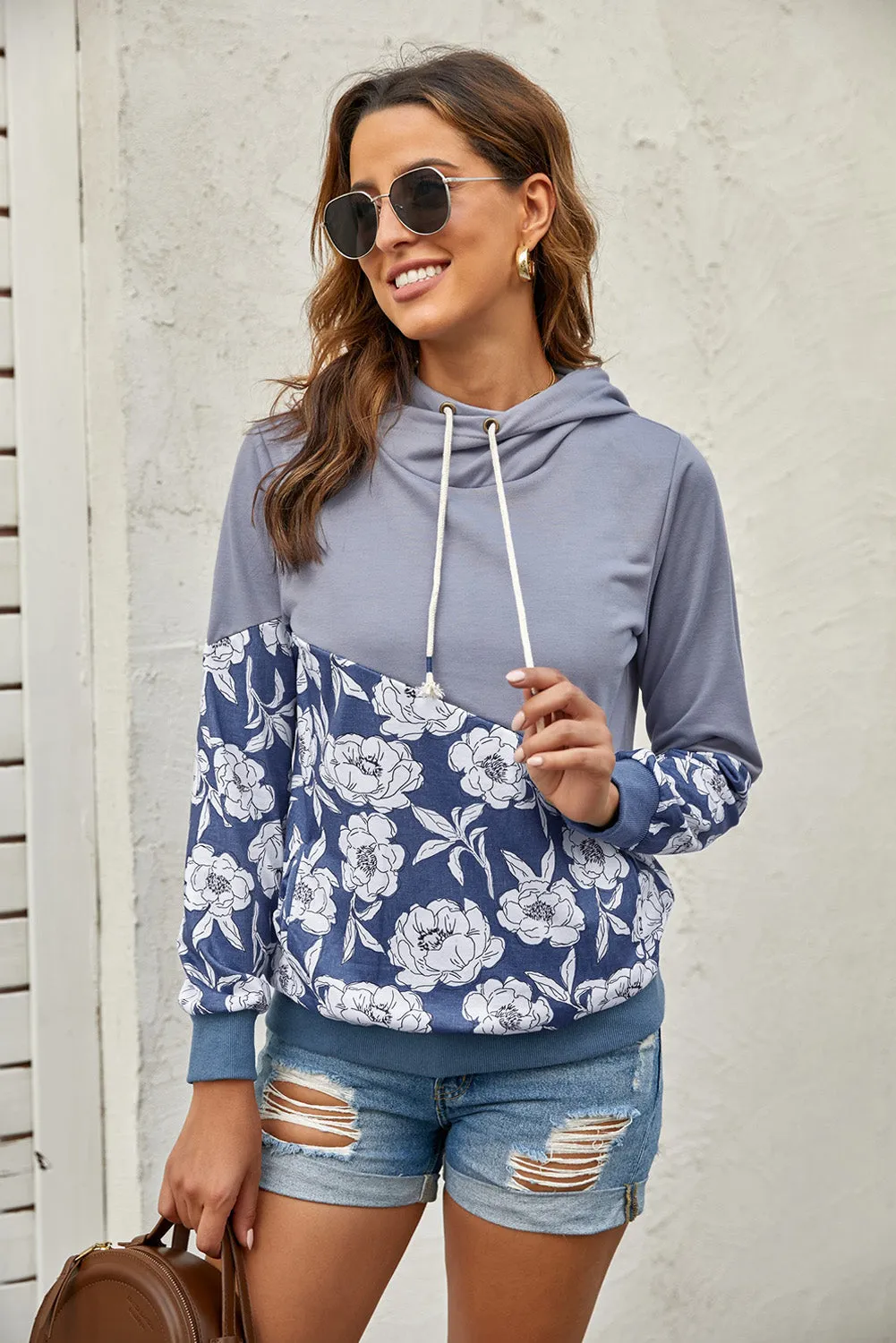 Floral Splicing Cowl Neck Hoodie