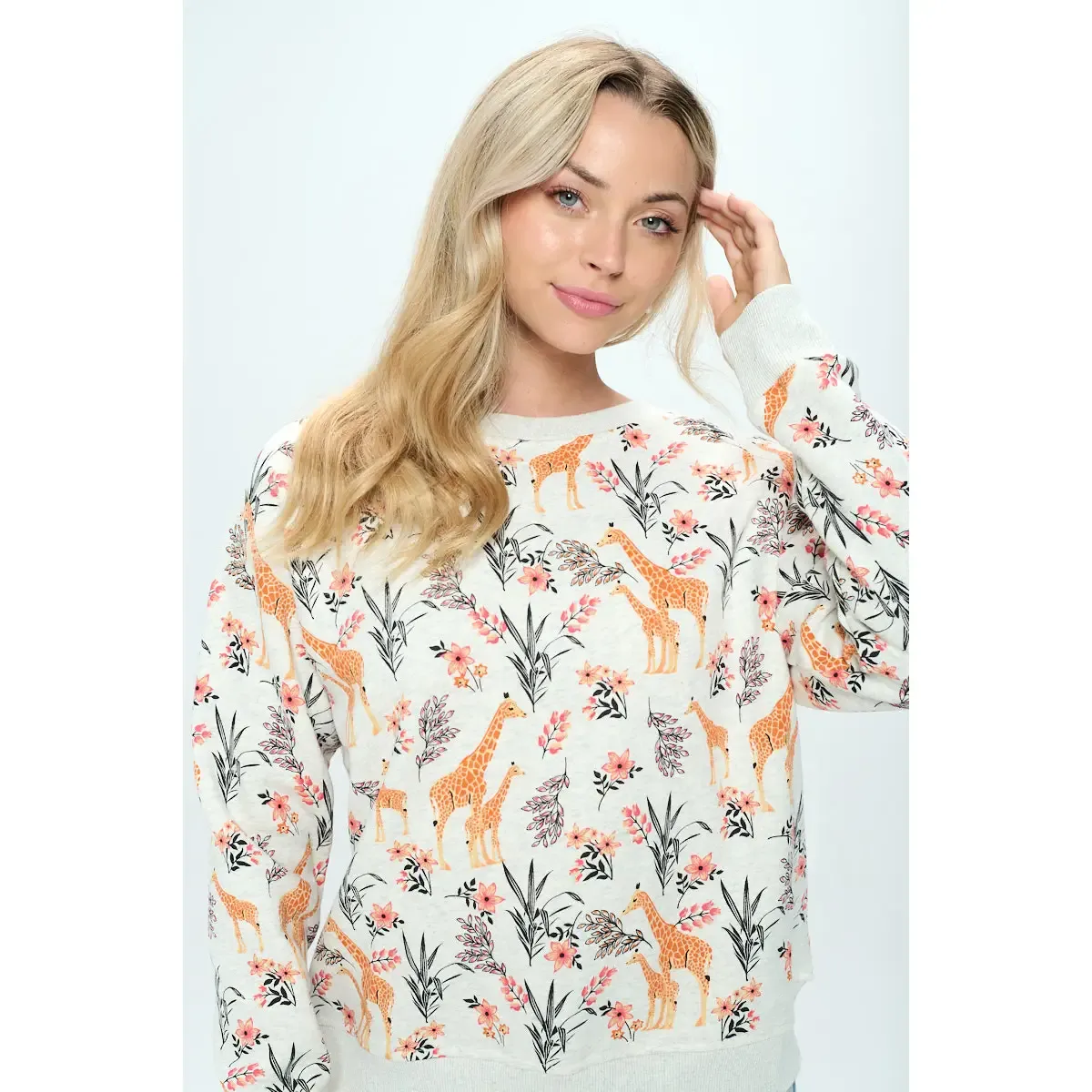 Giraffe Floral Print Crew Neck Sweatshirt