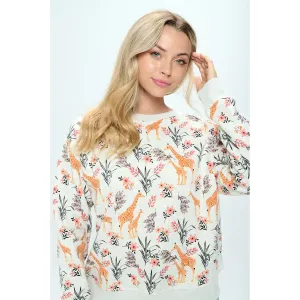 Giraffe Floral Print Crew Neck Sweatshirt