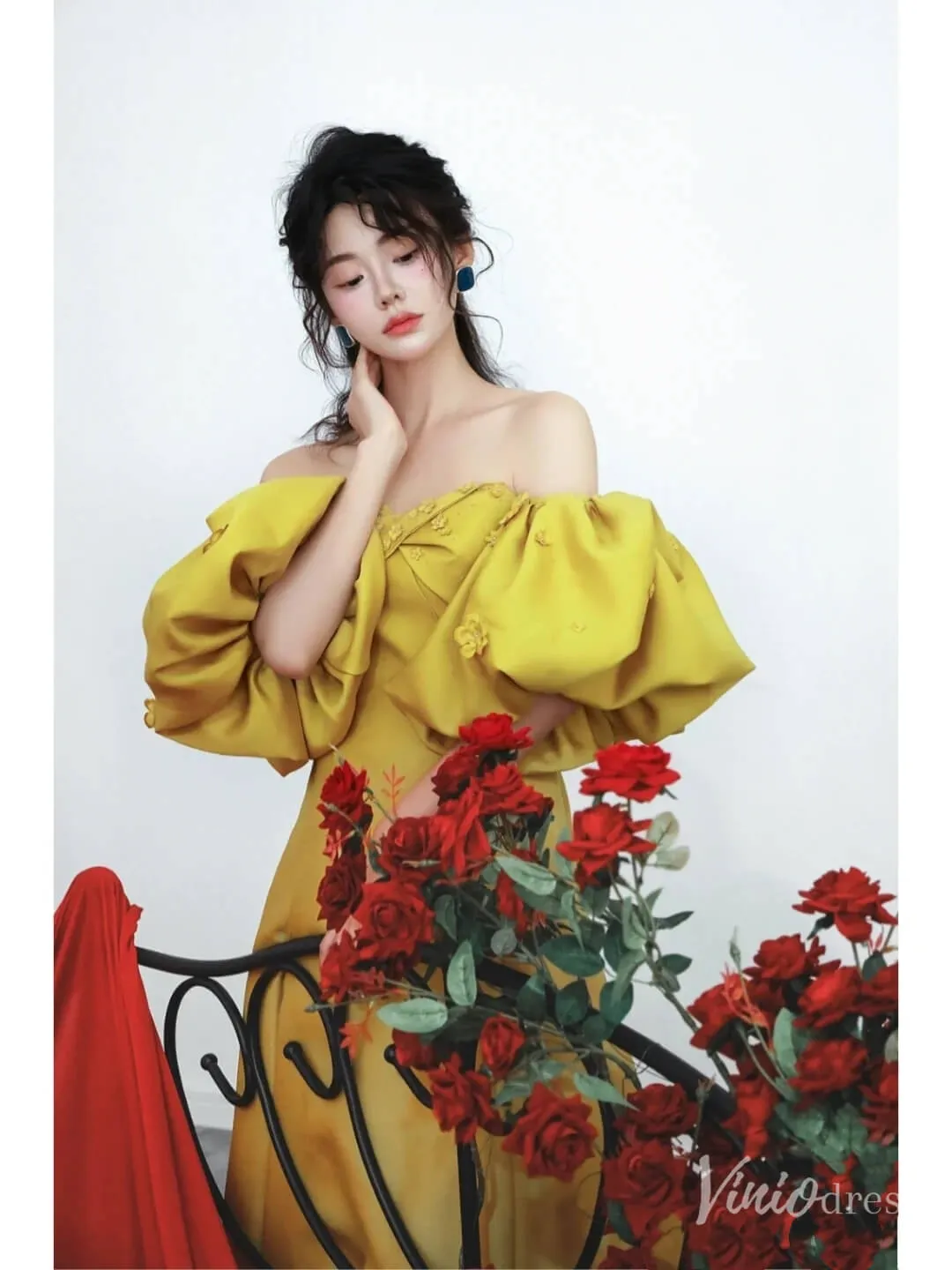 Gold Satin Puffed Sleeve Prom Dresses Off the Shoulder Formal Gown FD2314