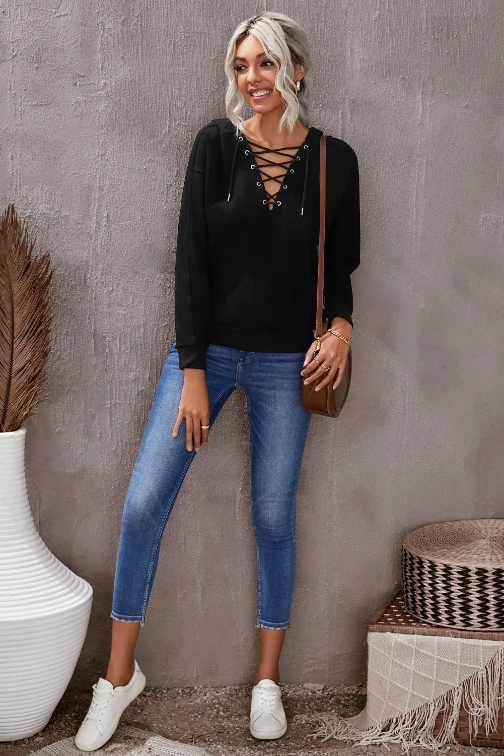 Grey Casual Solid Color Lace-up Hoodie