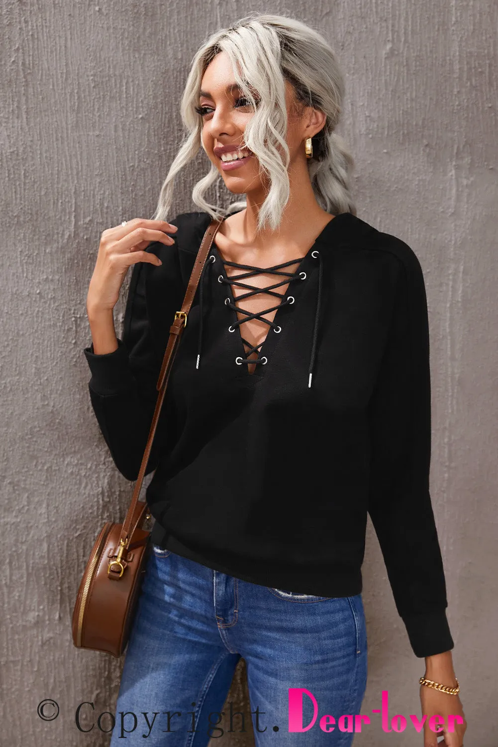 Grey Casual Solid Color Lace-up Hoodie