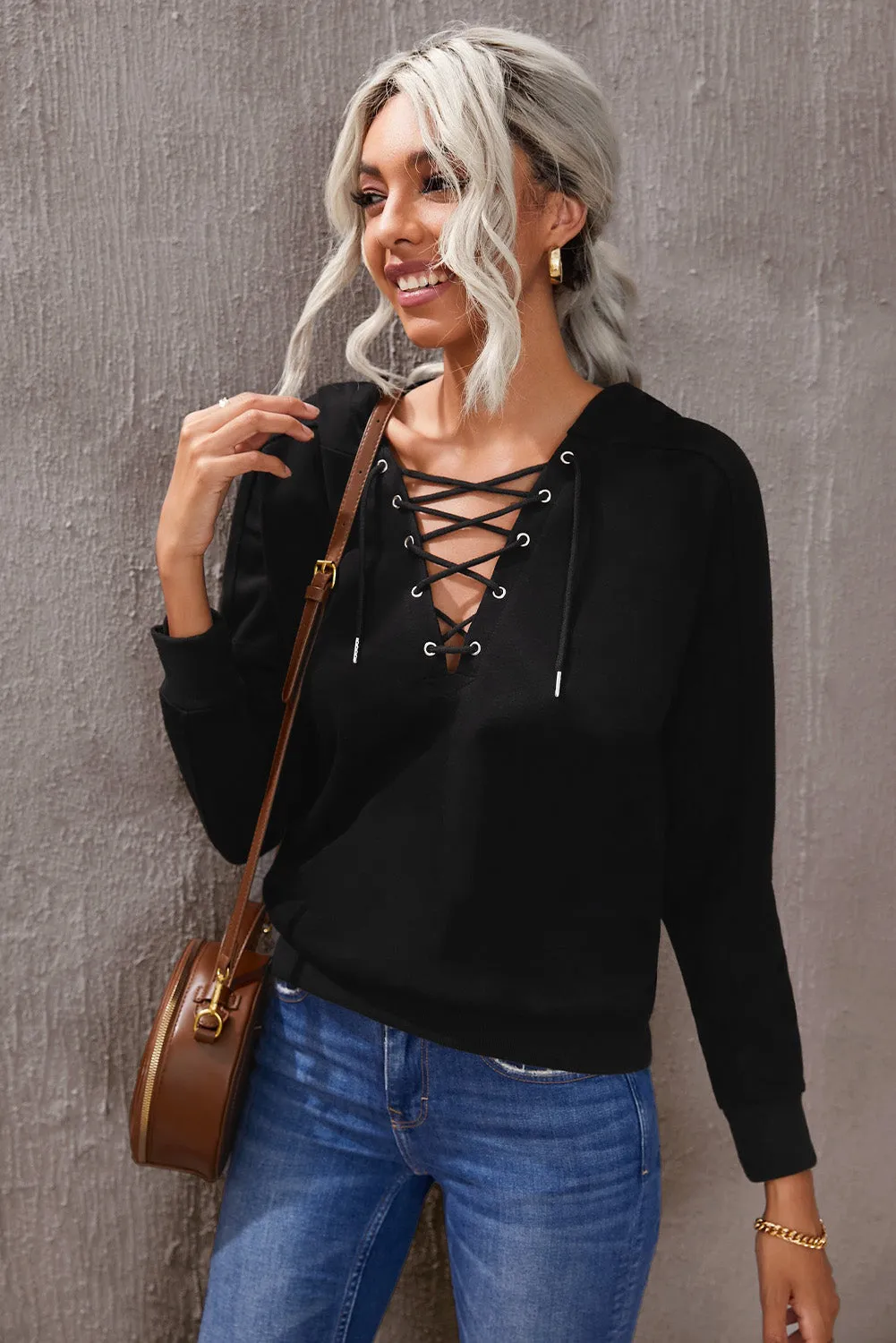 Grey Casual Solid Color Lace-up Hoodie