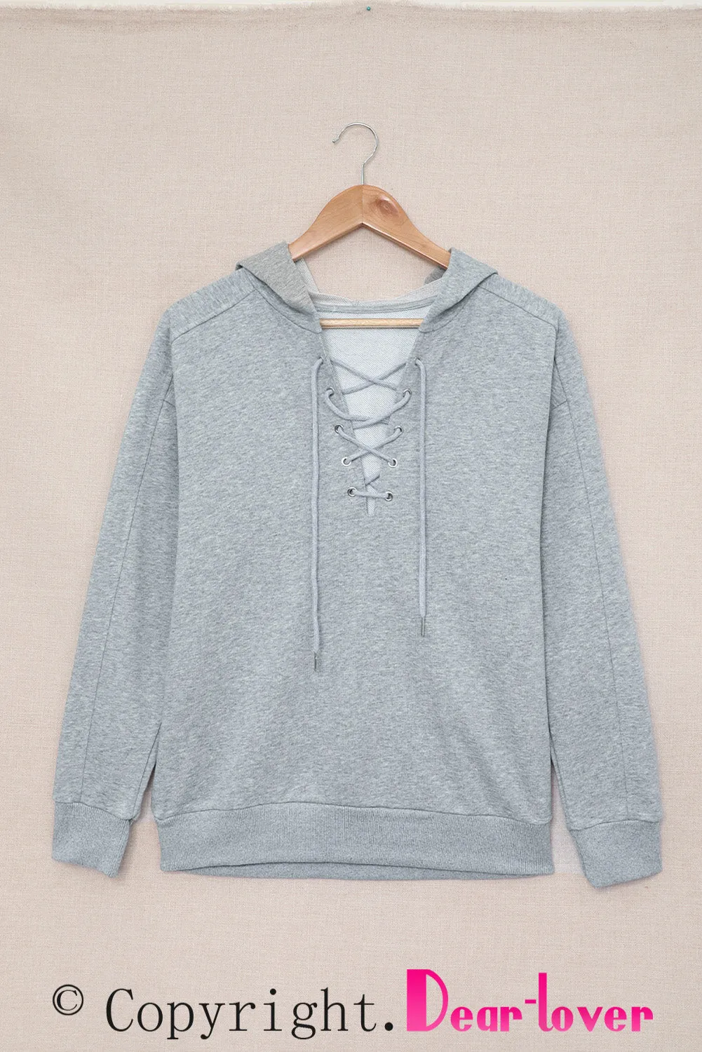 Grey Casual Solid Color Lace-up Hoodie