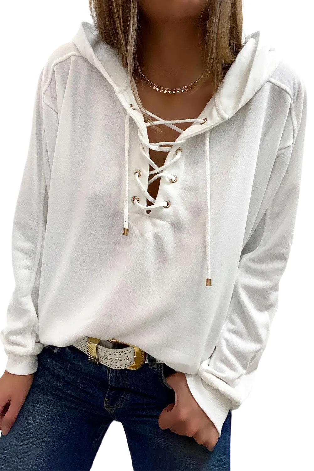 Grey Casual Solid Color Lace-up Hoodie