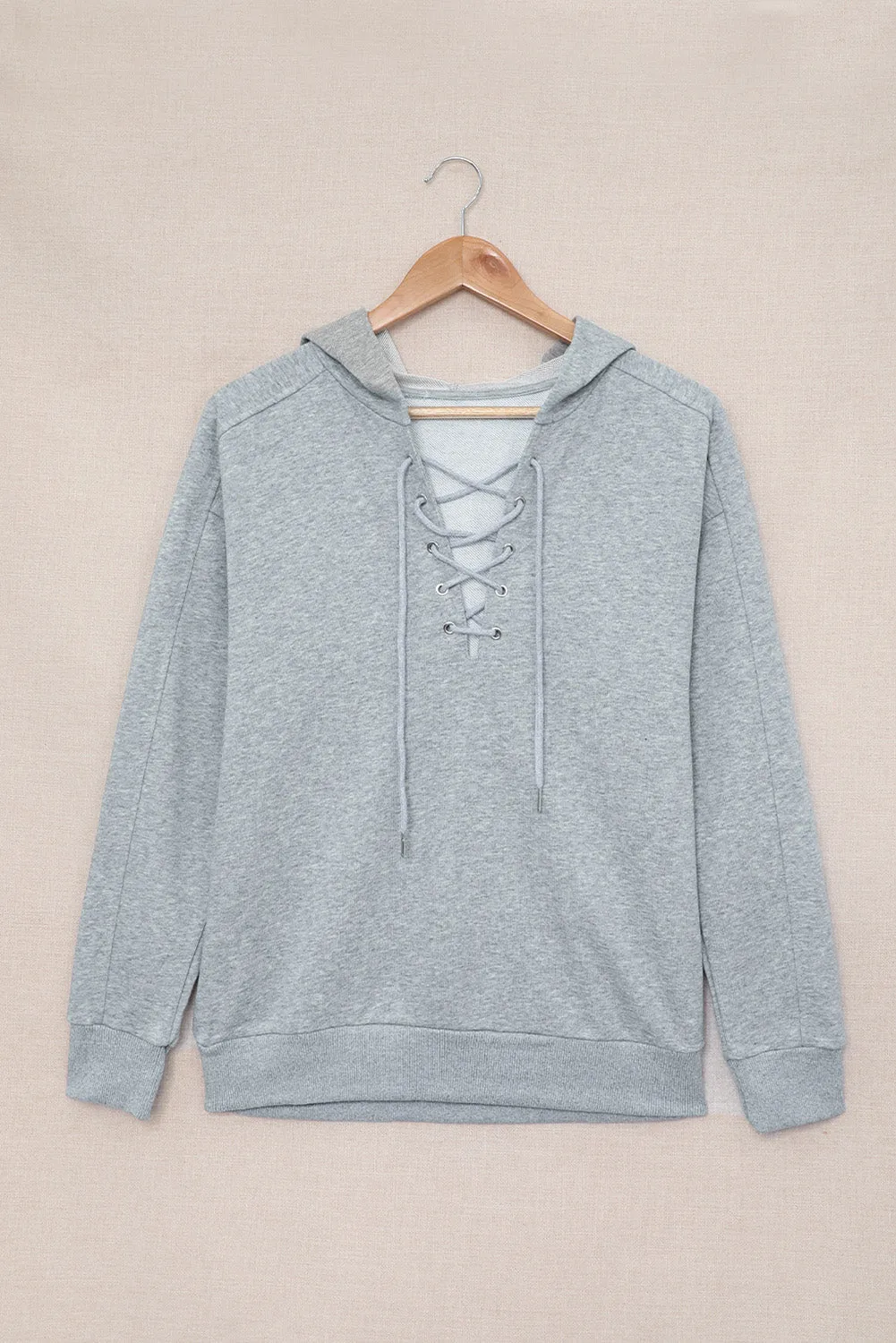 Grey Casual Solid Color Lace-up Hoodie