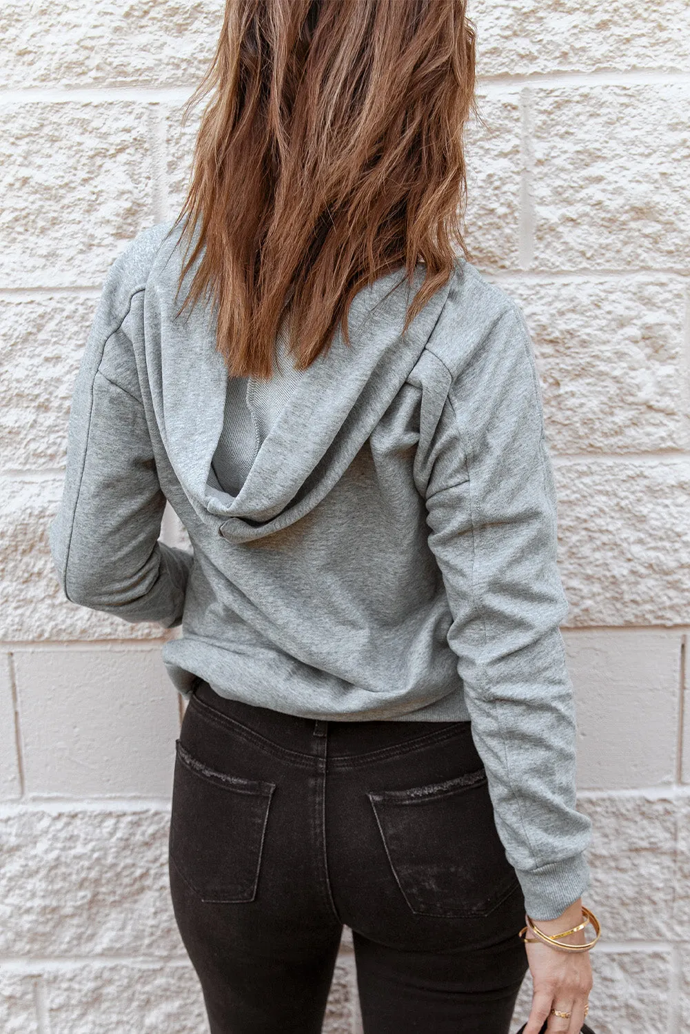 Grey Casual Solid Color Lace-up Hoodie