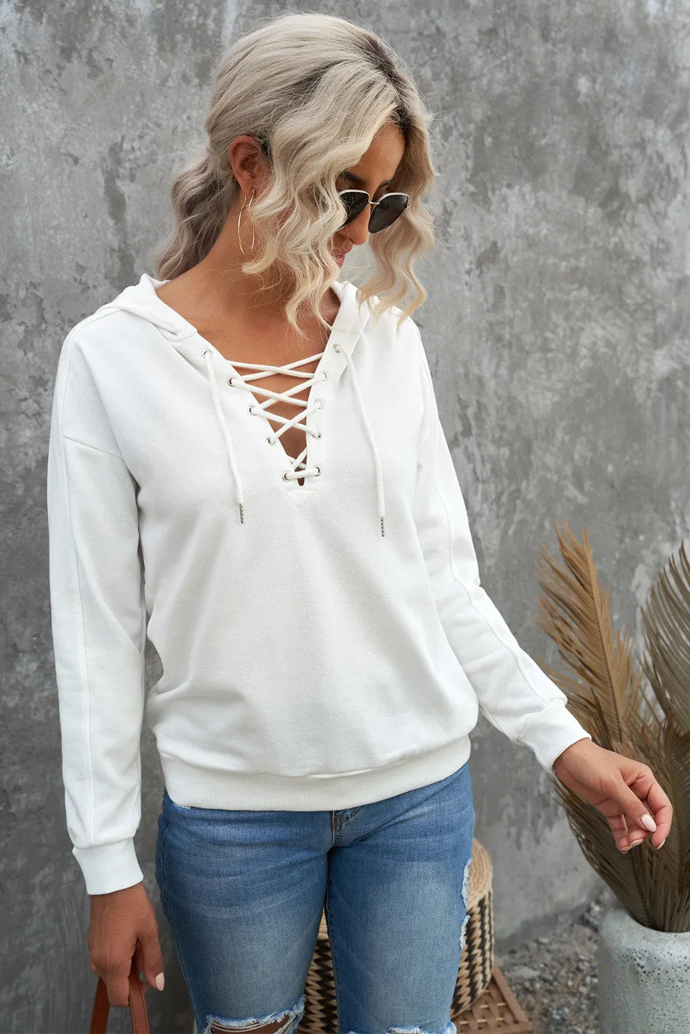 Grey Casual Solid Color Lace-up Hoodie
