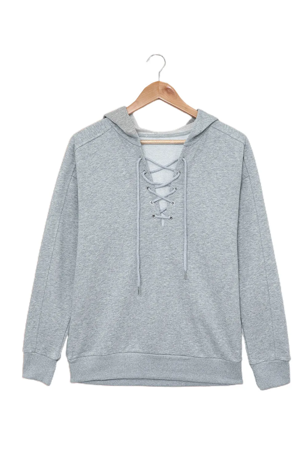Grey Casual Solid Color Lace-up Hoodie