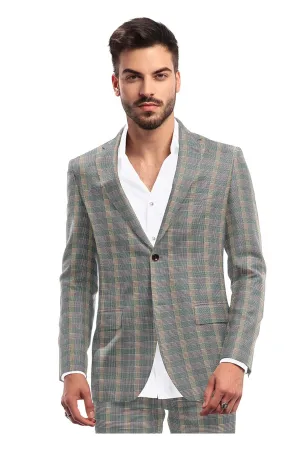 Grey Men's Two Button Dress Party Checks Print Suit Jacket Notched Lapel Slim Fit Terry Rayon Stylish Blazer