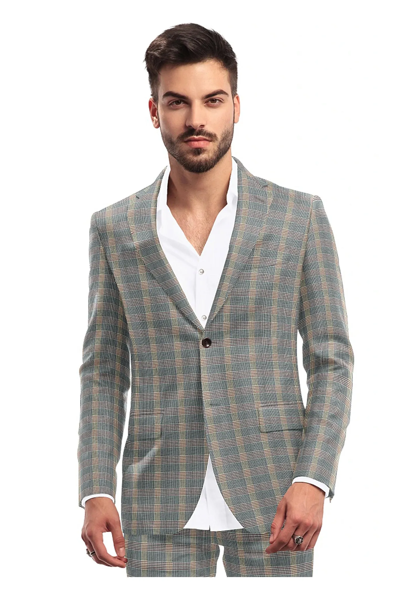 Grey Men's Two Button Dress Party Checks Print Suit Jacket Notched Lapel Slim Fit Terry Rayon Stylish Blazer