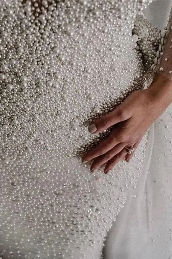 Ivory Long Sleeves Despatchable Train V-neck Button Wedding Dress with Fully coverd Pearls