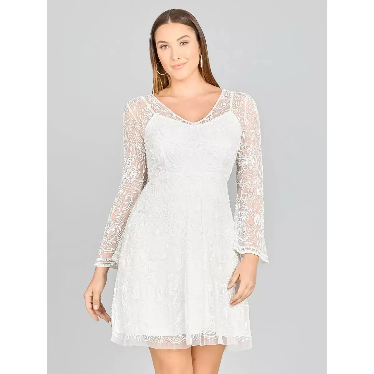 LARA 33414 ELIZA BEADED A-LINE BELL SLEEVE BRIDAL SHORT DRESS