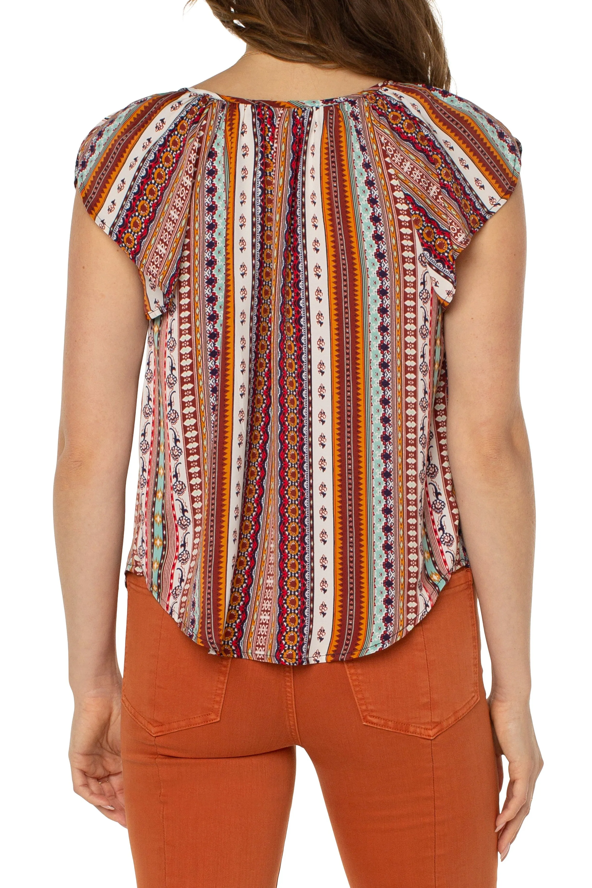 Liverpool Petal Sleeve Woven Top With Ties In Carousel Stripe