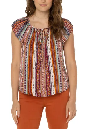Liverpool Petal Sleeve Woven Top With Ties In Carousel Stripe