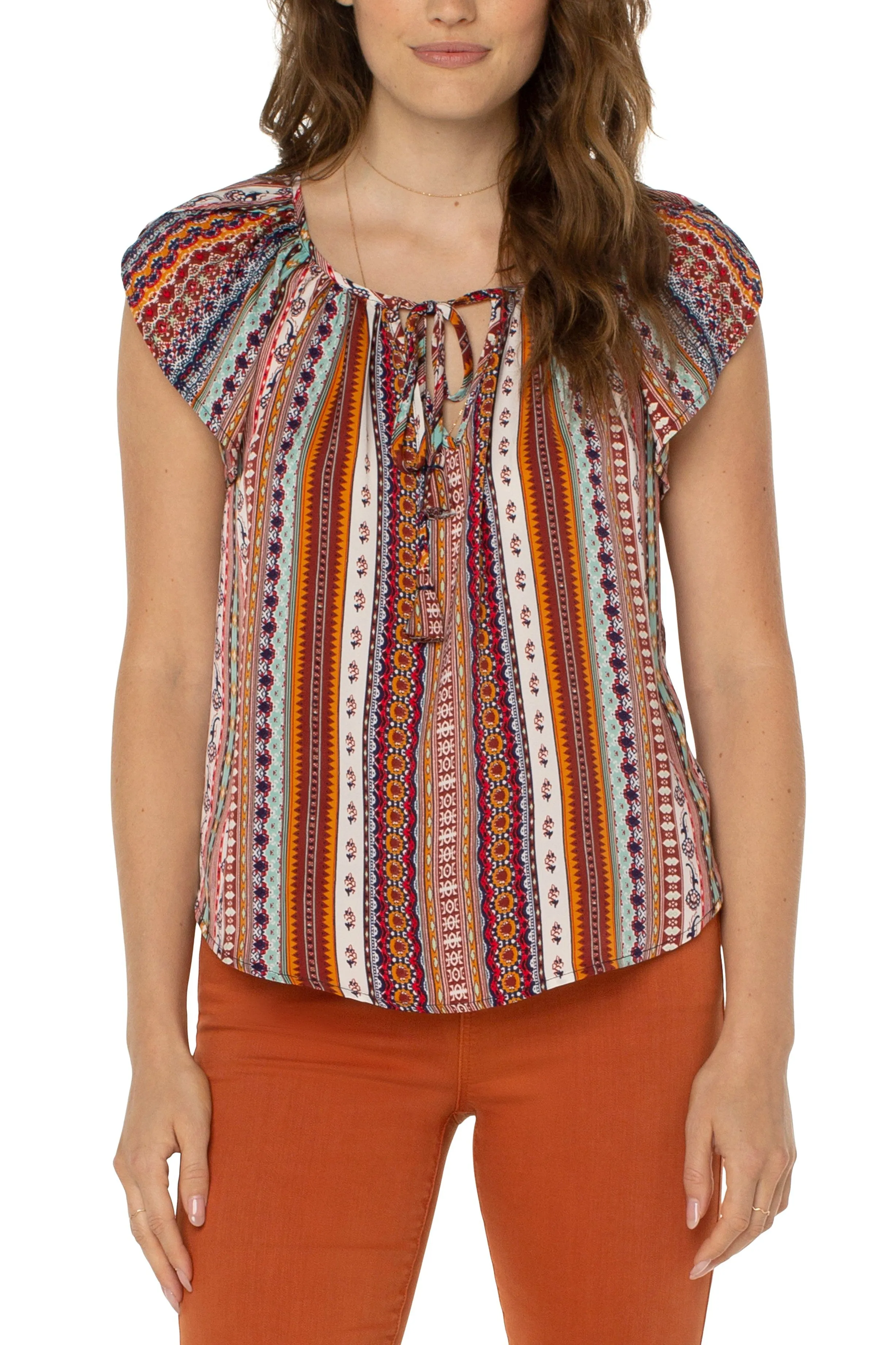Liverpool Petal Sleeve Woven Top With Ties In Carousel Stripe