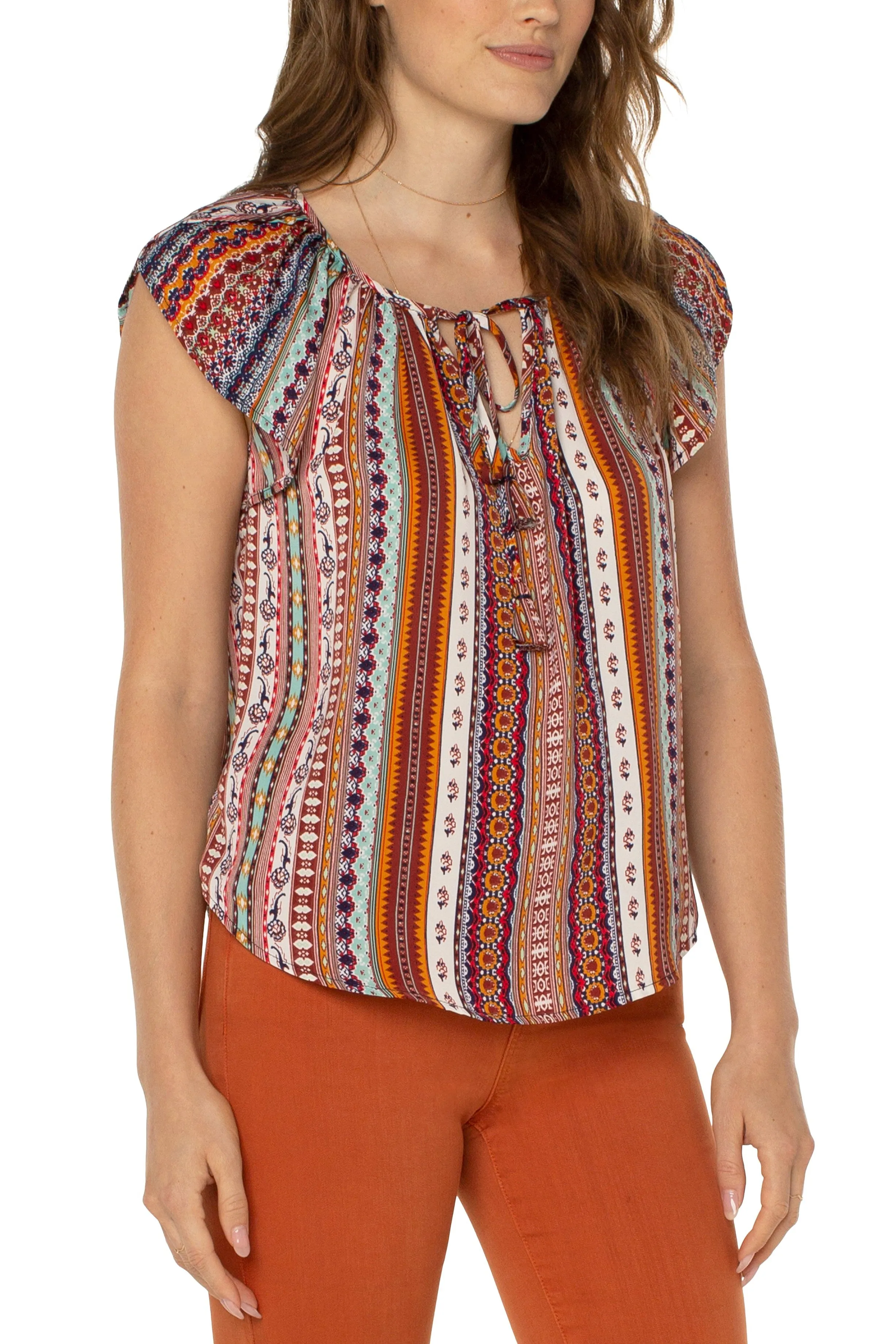 Liverpool Petal Sleeve Woven Top With Ties In Carousel Stripe