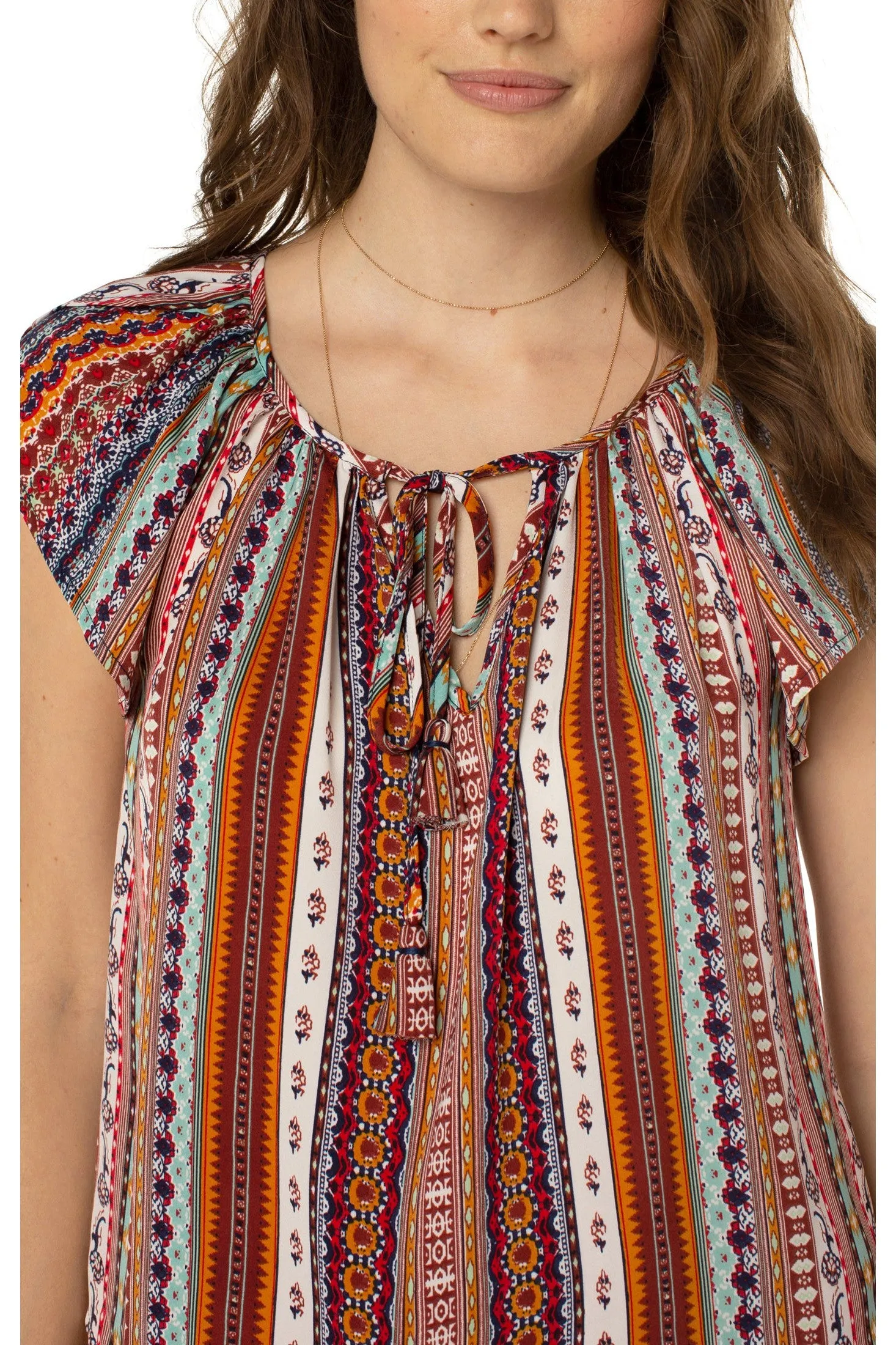 Liverpool Petal Sleeve Woven Top With Ties In Carousel Stripe