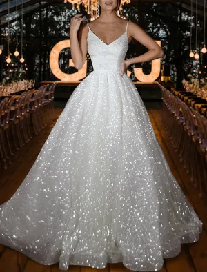 Luolandi Hall Sparkle & Shine Casual Wedding Dresses A-Line Camisole V Neck Spaghetti Strap Sweep / Brush Train Sequined Bridal Gowns