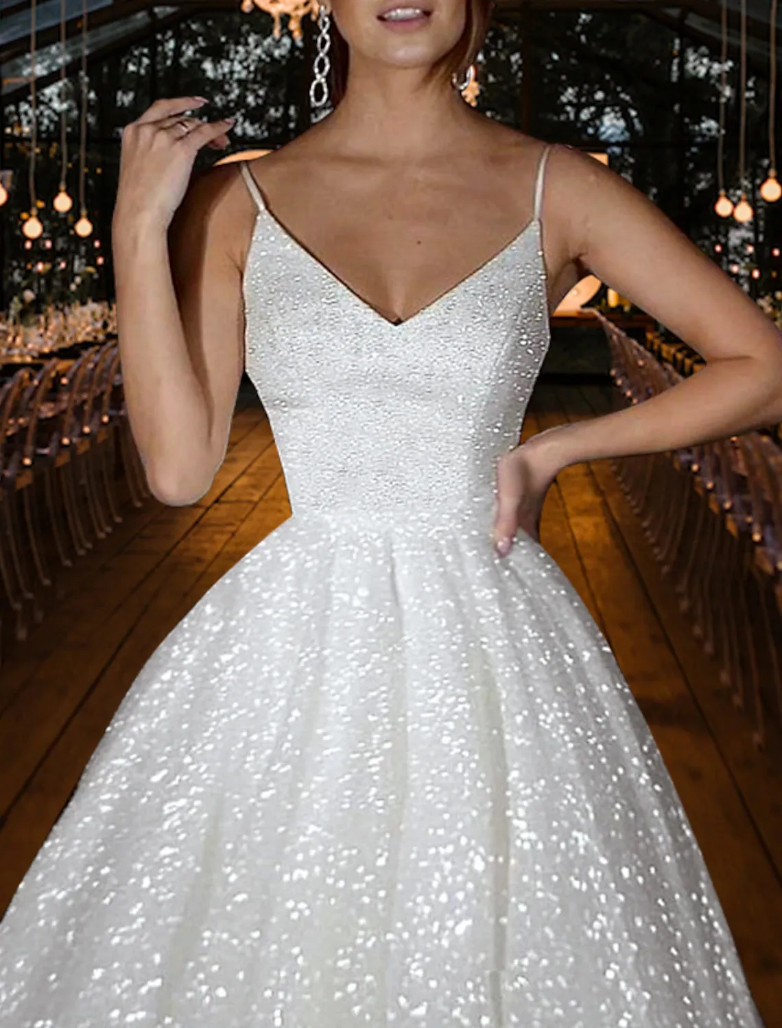 Luolandi Hall Sparkle & Shine Casual Wedding Dresses A-Line Camisole V Neck Spaghetti Strap Sweep / Brush Train Sequined Bridal Gowns