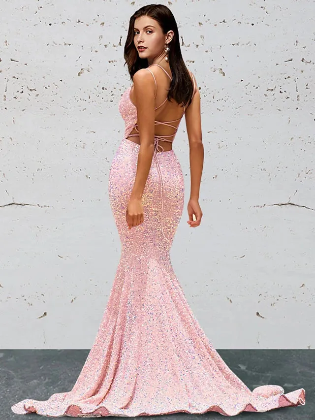 Luolandi Mermaid / Trumpet Prom Dresses Open Back Dress Prom Sweep / Brush Train Sleeveless Sweetheart Sequined Backless