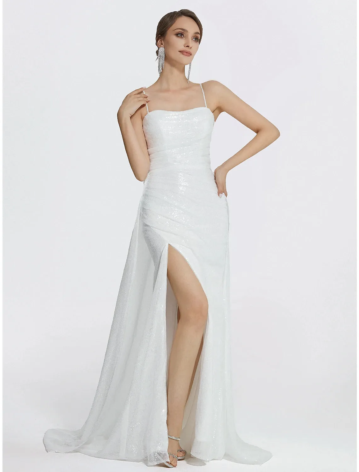 Luolandi Mermaid / Trumpet Prom Dresses Sparkle Dress Wedding Floor Length Sleeveless Cowl Neck Sequined with Ruched