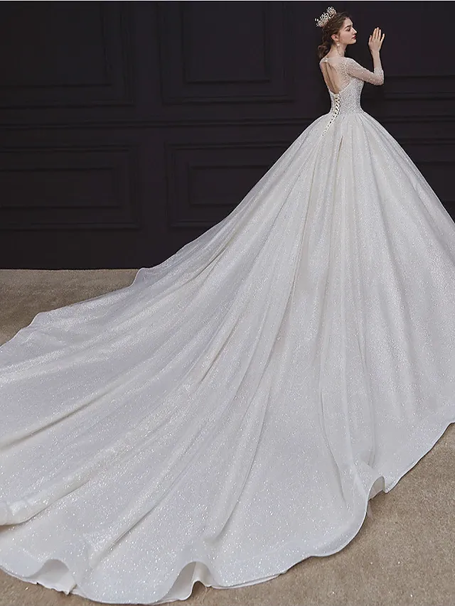 Luolandi Princess Ball Gown Wedding Dresses Jewel Neck Chapel Train Lace Tulle Sequined Long Sleeve Formal Romantic Luxurious Sparkle & Shine