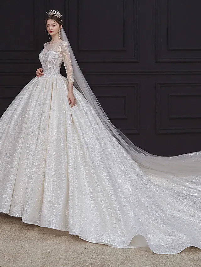 Luolandi Princess Ball Gown Wedding Dresses Jewel Neck Chapel Train Lace Tulle Sequined Long Sleeve Formal Romantic Luxurious Sparkle & Shine