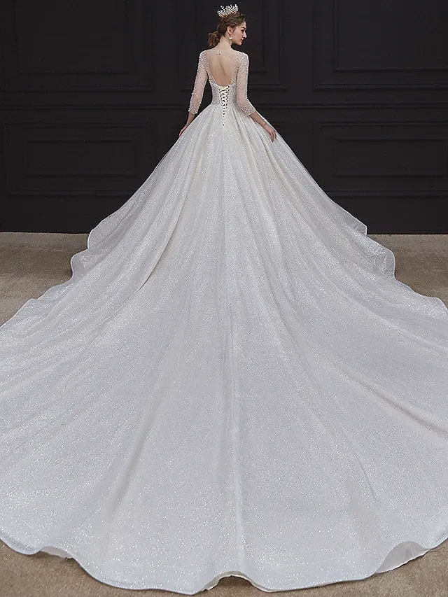 Luolandi Princess Ball Gown Wedding Dresses Jewel Neck Chapel Train Lace Tulle Sequined Long Sleeve Formal Romantic Luxurious Sparkle & Shine