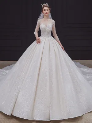 Luolandi Princess Ball Gown Wedding Dresses Jewel Neck Chapel Train Lace Tulle Sequined Long Sleeve Formal Romantic Luxurious Sparkle & Shine