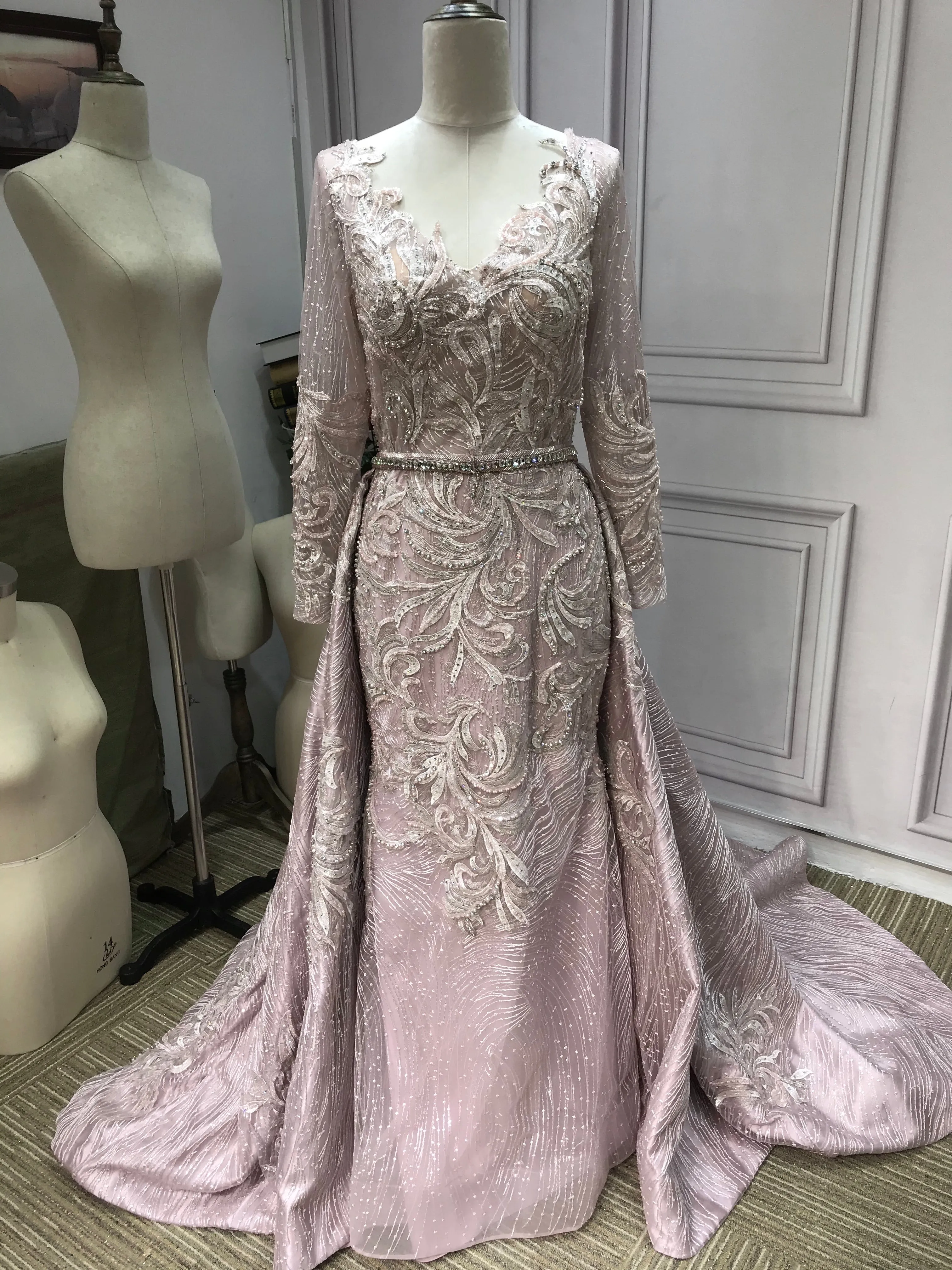 Luxurious crystals pearls rhinestones handmade beaded sparking long sleeves dusty pink dresses 2020